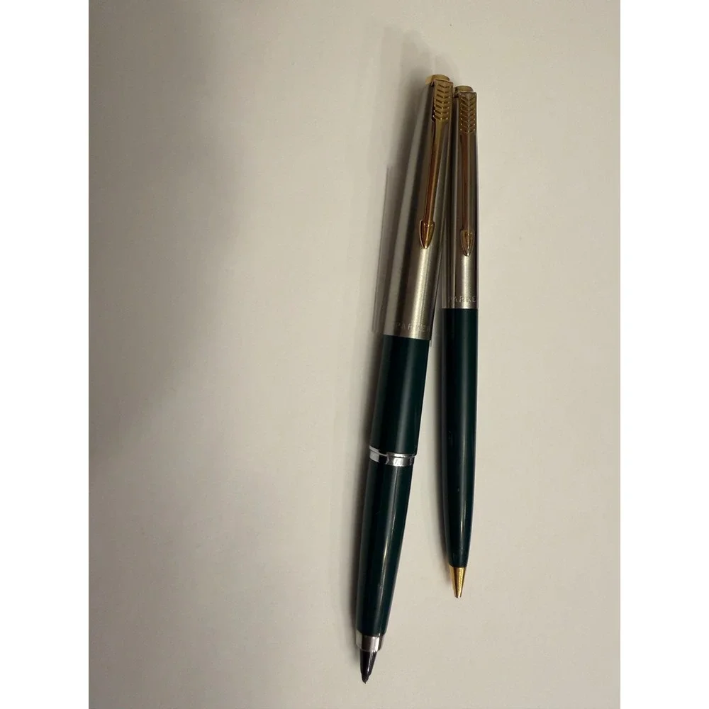 Parker Fountain Pen and Ballpoint Pen Set Deep Green Gold Trim‎ Vintage 1960's